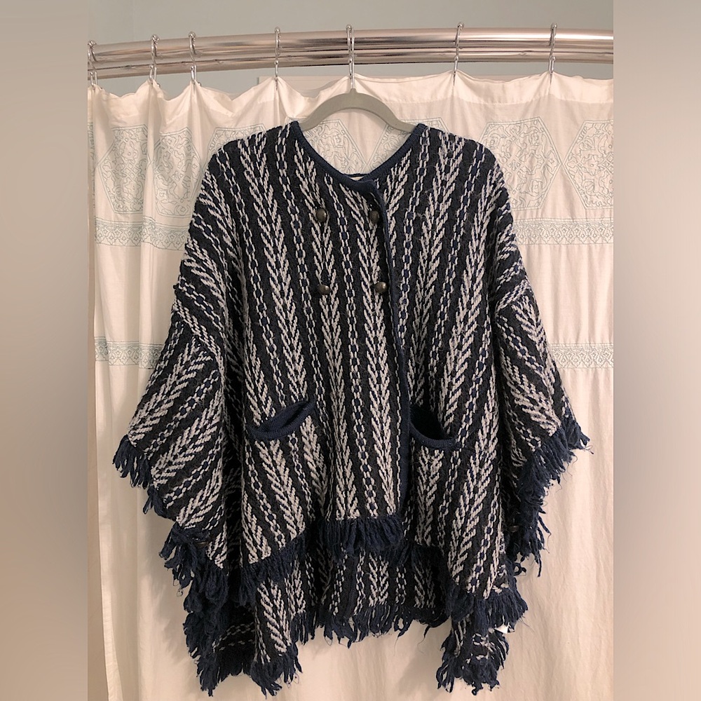 Anthropologie Blue, Black, and White Poncho